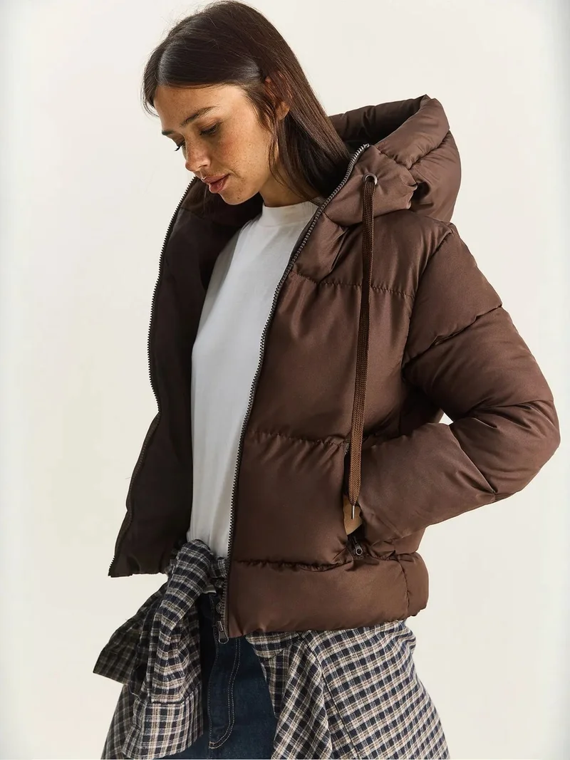 Bianco Lucci Dark Mocha Brown LUCCI Hooded Puffer Coat for Women | Best Price UAE