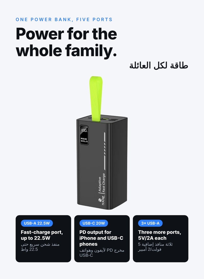 Zoom Plus MONSTRUO 50000mAh Power Bank, 22.5W Fast Charging Portable Charger with USB-C PD 20W and 4 USB-A Outputs, LED Digital Display, High-Capacity Battery Pack for iPhone, Samsung and Android (ZP50B, Black) - Image 5