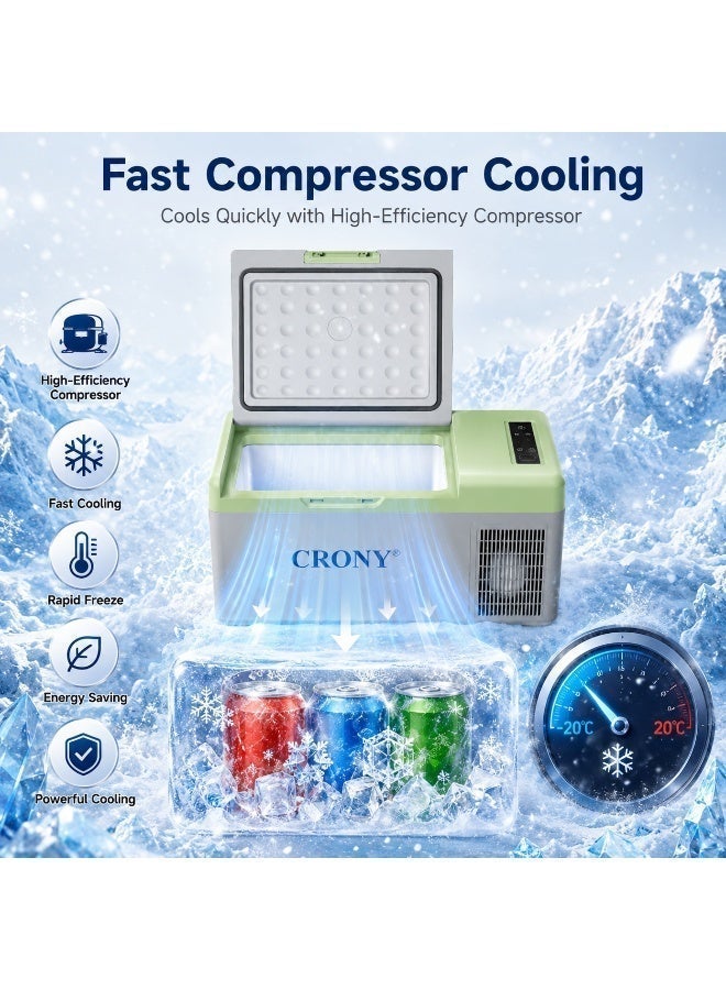 Crony C15 15l portable car refrigerator freezer. It features compressor cooling, a quiet design, low power consumption, rapid cooling, DC 12V/24V power supply, a temperature range of -20°C to 20°C, APP control, and an LED panel to protect your car battery. Ideal for road trips, outdoor activities, and fishing enthusiasts. - Image 3