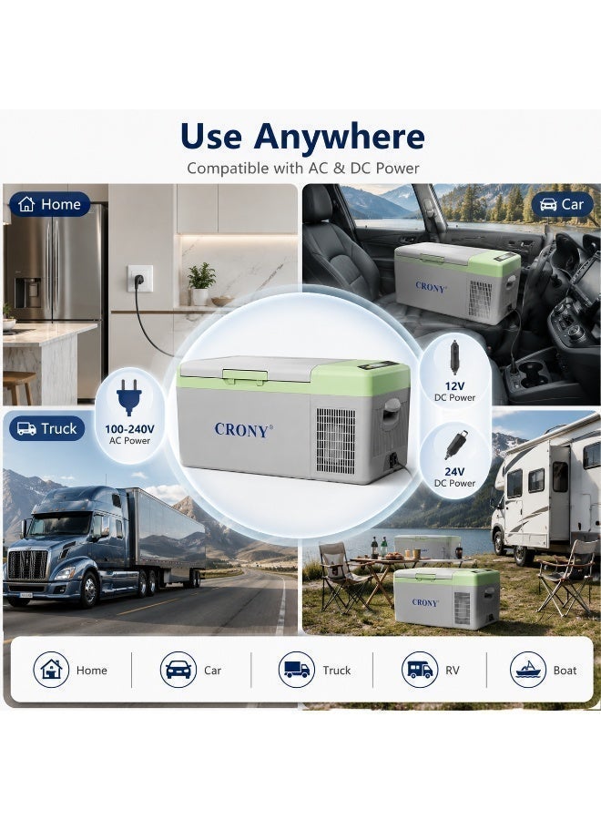 Crony C15 15l portable car refrigerator freezer. It features compressor cooling, a quiet design, low power consumption, rapid cooling, DC 12V/24V power supply, a temperature range of -20°C to 20°C, APP control, and an LED panel to protect your car battery. Ideal for road trips, outdoor activities, and fishing enthusiasts. - Image 4