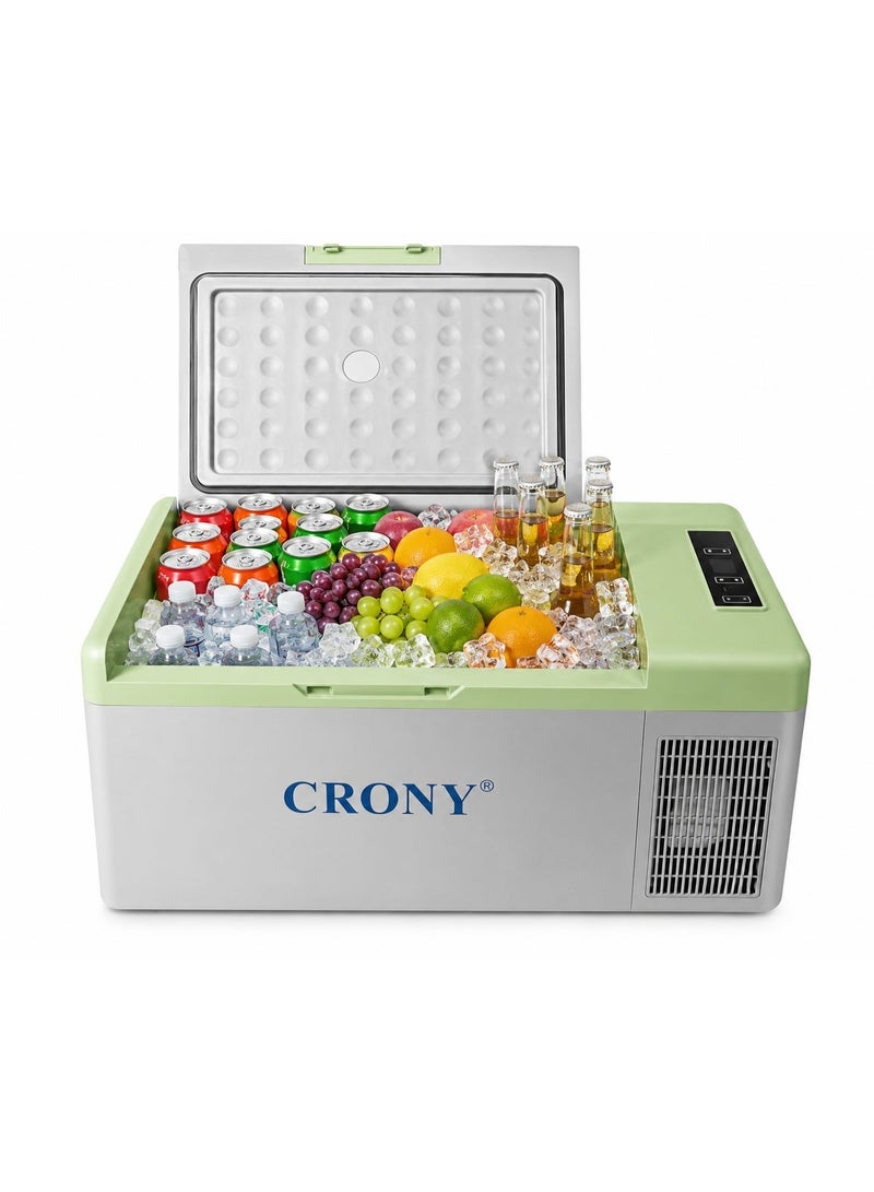 Crony C15 15l portable car refrigerator freezer. It features compressor cooling, a quiet design, low power consumption, rapid cooling, DC 12V/24V power supply, a temperature range of -20°C to 20°C, APP control, and an LED panel to protect your car battery. Ideal for road trips, outdoor activities, and fishing enthusiasts. - Image 1