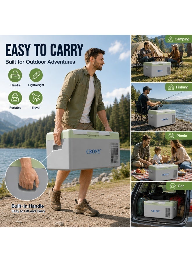 Crony C15 15l portable car refrigerator freezer. It features compressor cooling, a quiet design, low power consumption, rapid cooling, DC 12V/24V power supply, a temperature range of -20°C to 20°C, APP control, and an LED panel to protect your car battery. Ideal for road trips, outdoor activities, and fishing enthusiasts. - Image 5