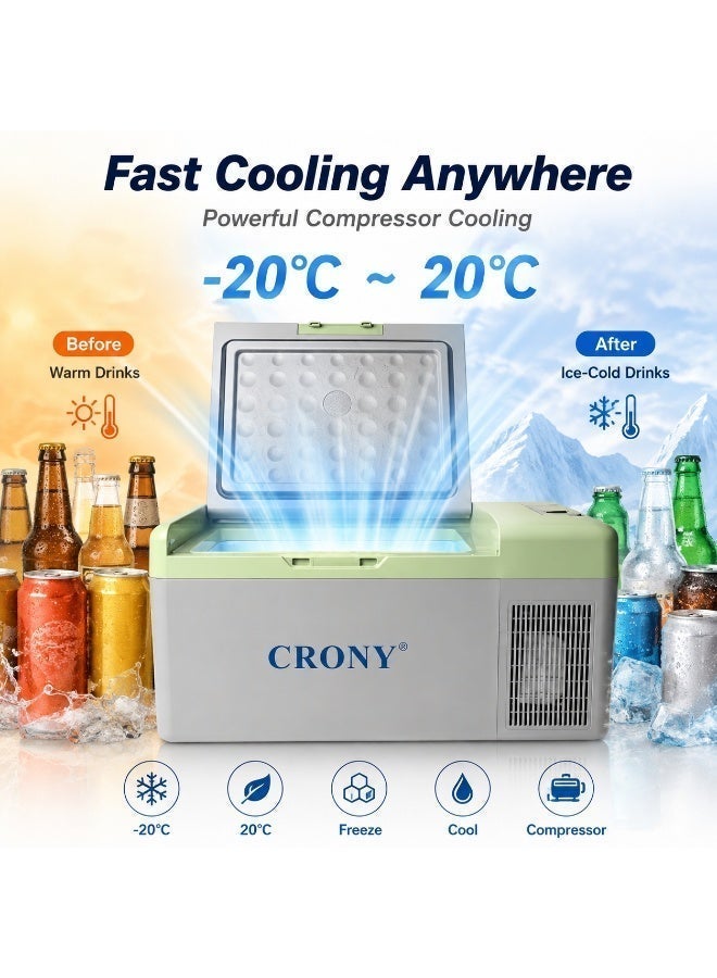 Crony C15 15l portable car refrigerator freezer. It features compressor cooling, a quiet design, low power consumption, rapid cooling, DC 12V/24V power supply, a temperature range of -20°C to 20°C, APP control, and an LED panel to protect your car battery. Ideal for road trips, outdoor activities, and fishing enthusiasts. - Image 2