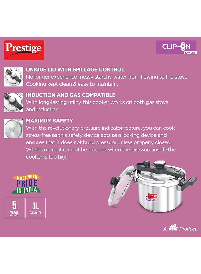 برستيج قدر ضغط من الفولاذ المقاوم للصدأ Svachh بمشبك تثبيت، سعة 5 لتر، مع غطاء زجاجي إضافي | فضي - Image 4