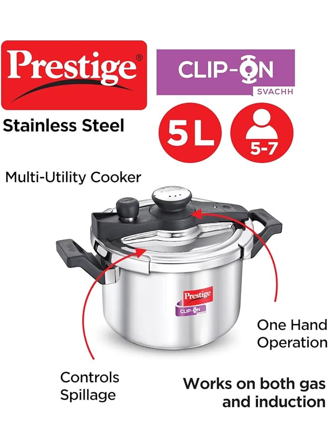 برستيج قدر ضغط من الفولاذ المقاوم للصدأ Svachh بمشبك تثبيت، سعة 5 لتر، مع غطاء زجاجي إضافي | فضي - Image 2