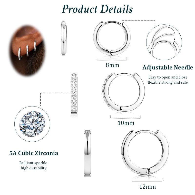 Poxtex Small Sterling Silver Huggie Hoop Earrings Set for Women, Hypoallergenic Mix Hoops Stacks for Multiple Piercings, Dainty Cute Lightweight Cartilage Jewelry Gift for Sensitive Ears 8/10/12mm - Image 4