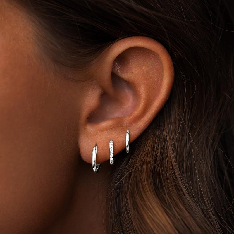 Poxtex Small Sterling Silver Huggie Hoop Earrings Set for Women, Hypoallergenic Mix Hoops Stacks for Multiple Piercings, Dainty Cute Lightweight Cartilage Jewelry Gift for Sensitive Ears 8/10/12mm - Image 5