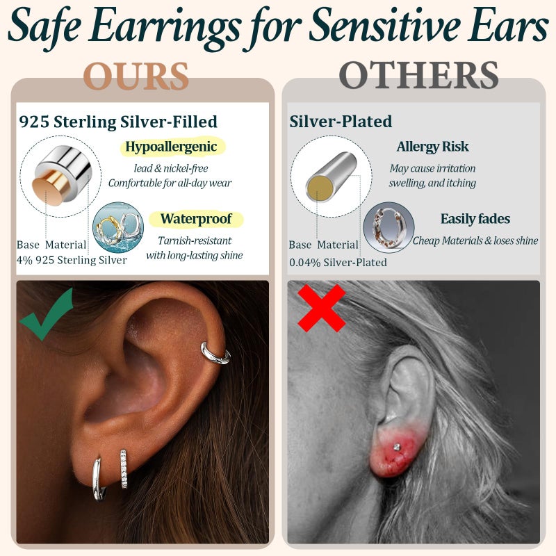 Poxtex Small Sterling Silver Huggie Hoop Earrings Set for Women, Hypoallergenic Mix Hoops Stacks for Multiple Piercings, Dainty Cute Lightweight Cartilage Jewelry Gift for Sensitive Ears 8/10/12mm - Image 3