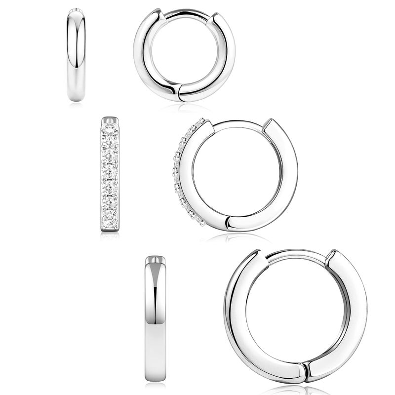 Poxtex Small Sterling Silver Huggie Hoop Earrings Set for Women, Hypoallergenic Mix Hoops Stacks for Multiple Piercings, Dainty Cute Lightweight Cartilage Jewelry Gift for Sensitive Ears 8/10/12mm - Image 1