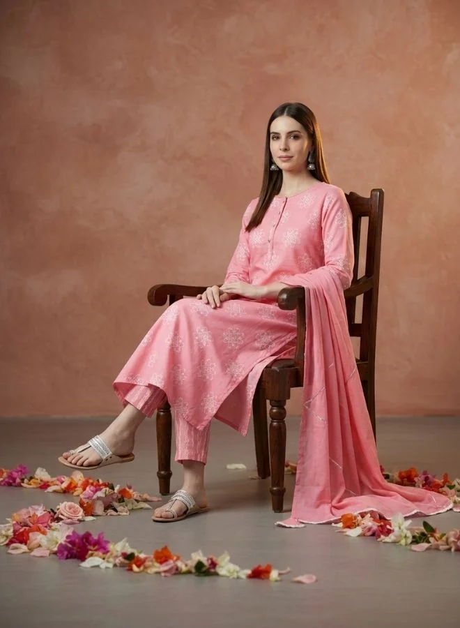 Yuris  Yuris Women Pink  White Printed Kurta with Palazzos  Dupatta for Women | Best Price UAE