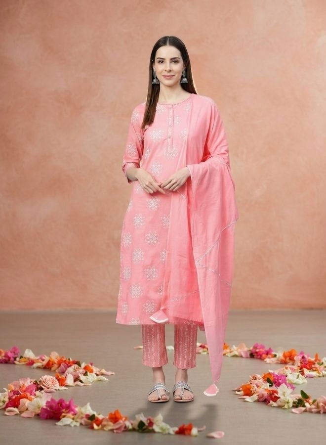 Yuris Women Pink  White Printed Kurta with Palazzos  Dupatta - Image 1