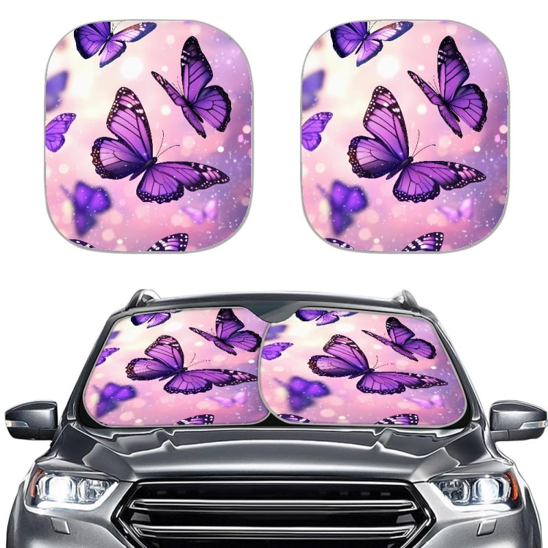 AFPANQZ Galaxy Butterflies Print Sun Shade Universal Fit Windshield Sunshade Car Trucks SUV Windshields Folding Sun Visor Folding Travel Women Teens Sun Block Car Front Window Visors Black Purple