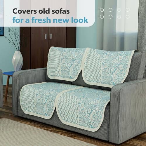 Kuber Industries Soft Net Cotton Sofa Cover 2 Seater Set for Living Room and Home Decor | Sofa Protector Cover for Dust Protection | Aqua Rose 1893 Bright - Cream - Image 5