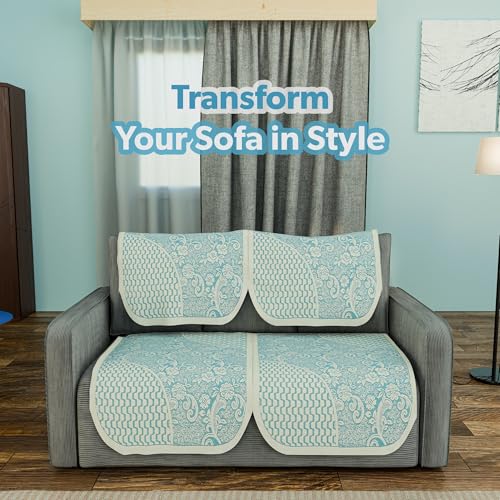 Kuber Industries Soft Net Cotton Sofa Cover 2 Seater Set for Living Room and Home Decor | Sofa Protector Cover for Dust Protection | Aqua Rose 1893 Bright - Cream - Image 2