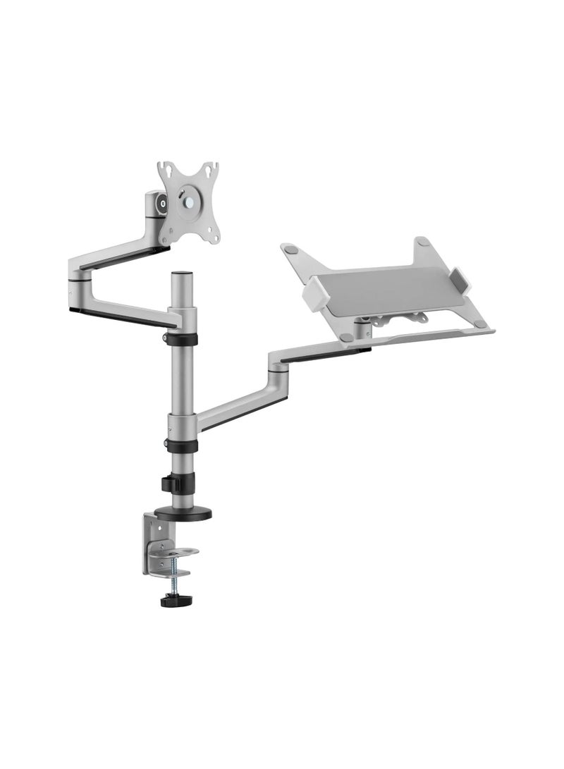Navodesk Control Monitor Arm – Model L with Laptop Tray, Dual Monitor Stand for 17–32 Inch Screens and 11.6–17.3 Inch Laptops – Ergonomic Space-Saving Design – Silver - Image 1