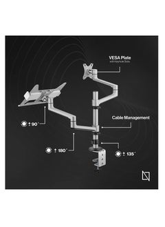 NAVODESK Navodesk Control Monitor Arm Model L with Laptop Tray Dual Monitor Stand for 17 to 32 Screens and 11.6 to 17.3 Laptops Ergonomic and SpaceSaving Design Dual with Laptop Holder Silver  - Image 2