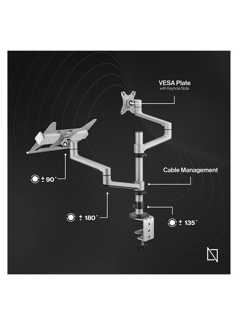 Navodesk Control Monitor Arm – Model L with Laptop Tray, Dual Monitor Stand for 17–32 Inch Screens and 11.6–17.3 Inch Laptops – Ergonomic Space-Saving Design – Silver - Image 2