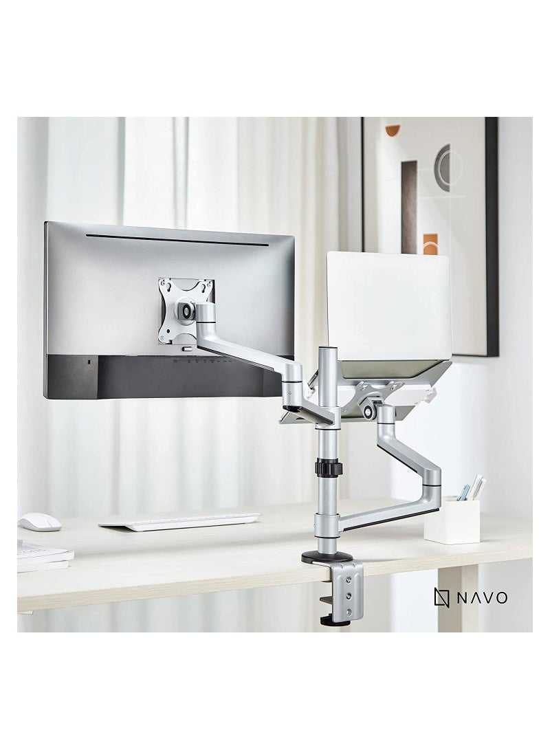 Navodesk Control Monitor Arm – Model L with Laptop Tray, Dual Monitor Stand for 17–32 Inch Screens and 11.6–17.3 Inch Laptops – Ergonomic Space-Saving Design – Silver - Image 4