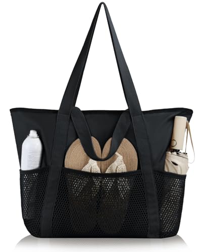 HOMESPON Beach Bag Large Waterproof Sandproof Foldable Tote for Women with Zipper and Mesh Pockets for Pool Cruise Travel Everyday Black - Image 1