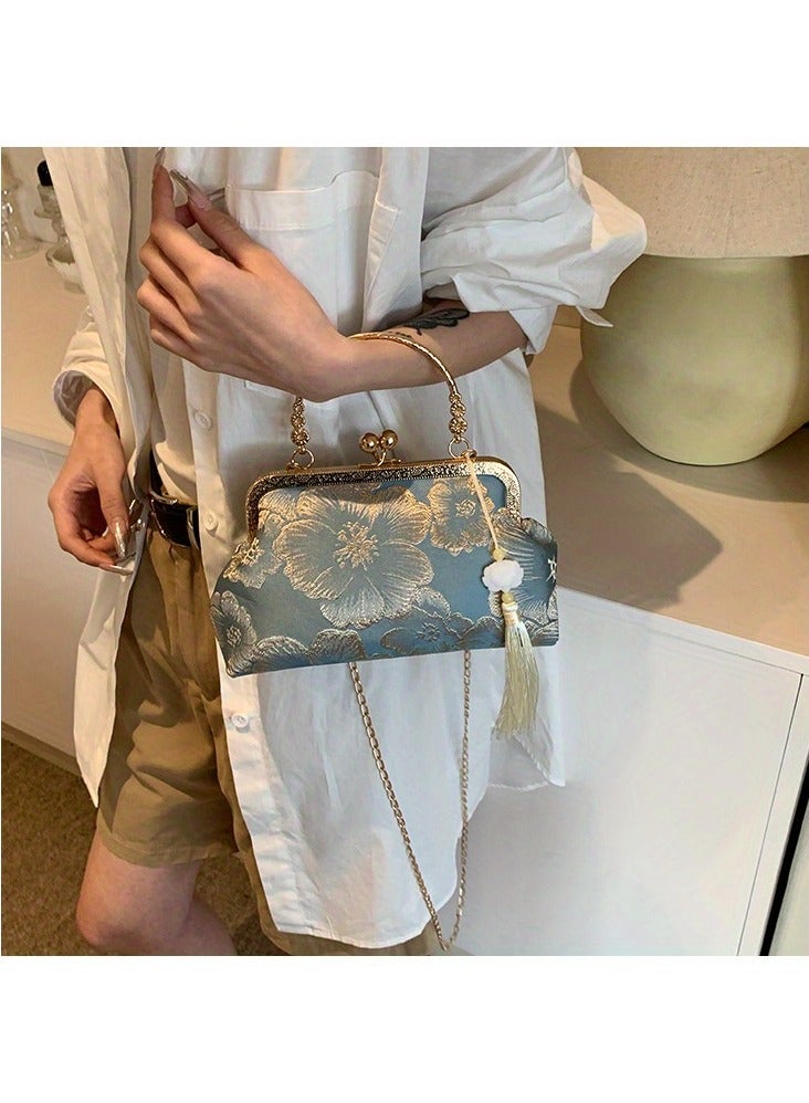 New National Style Cheongsam Lock Chain Small Bag – Vintage High-Quality Handheld Kiss Lock Bag, Exquisite Embroidery Shoulder & Crossbody Bag, Elegant Women’s Fashion Accessory for Parties & Special Occasions, Blue  - Image 5