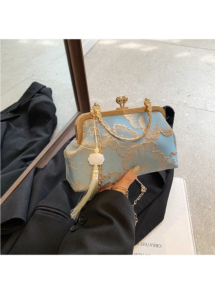 حقيبة صغيرة بتصميم تشونغسام الوطني الجديد – حقيبة يد كلاسيكية بتطريز فاخر وقفل معدني، حقيبة كتف وحقيبة كروس أنيقة للنساء، إكسسوار عصري مثالي للحفلات والمناسبات الخاصة، أزرق - Image 2