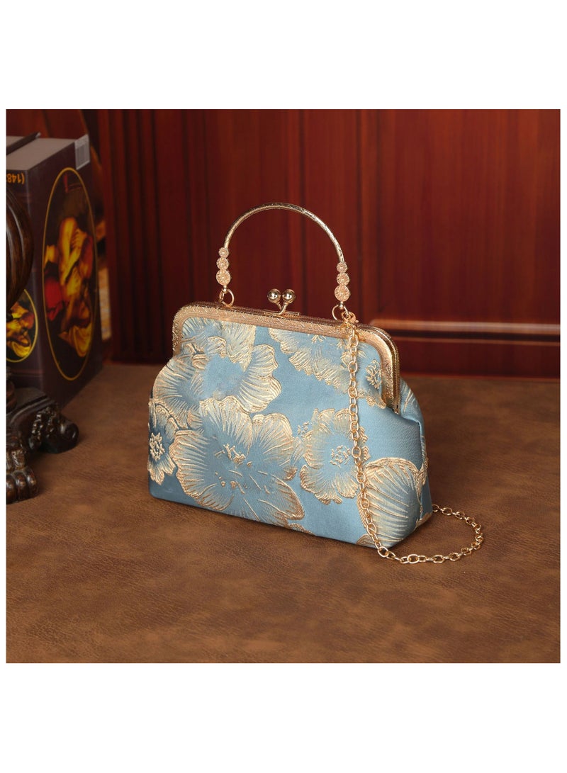 حقيبة صغيرة بتصميم تشونغسام الوطني الجديد – حقيبة يد كلاسيكية بتطريز فاخر وقفل معدني، حقيبة كتف وحقيبة كروس أنيقة للنساء، إكسسوار عصري مثالي للحفلات والمناسبات الخاصة، أزرق - Image 1