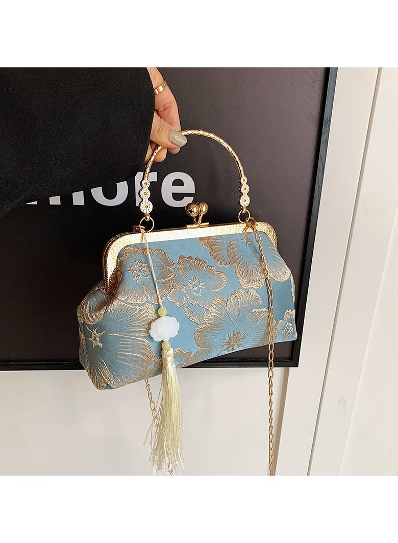 حقيبة صغيرة بتصميم تشونغسام الوطني الجديد – حقيبة يد كلاسيكية بتطريز فاخر وقفل معدني، حقيبة كتف وحقيبة كروس أنيقة للنساء، إكسسوار عصري مثالي للحفلات والمناسبات الخاصة، أزرق - Image 4