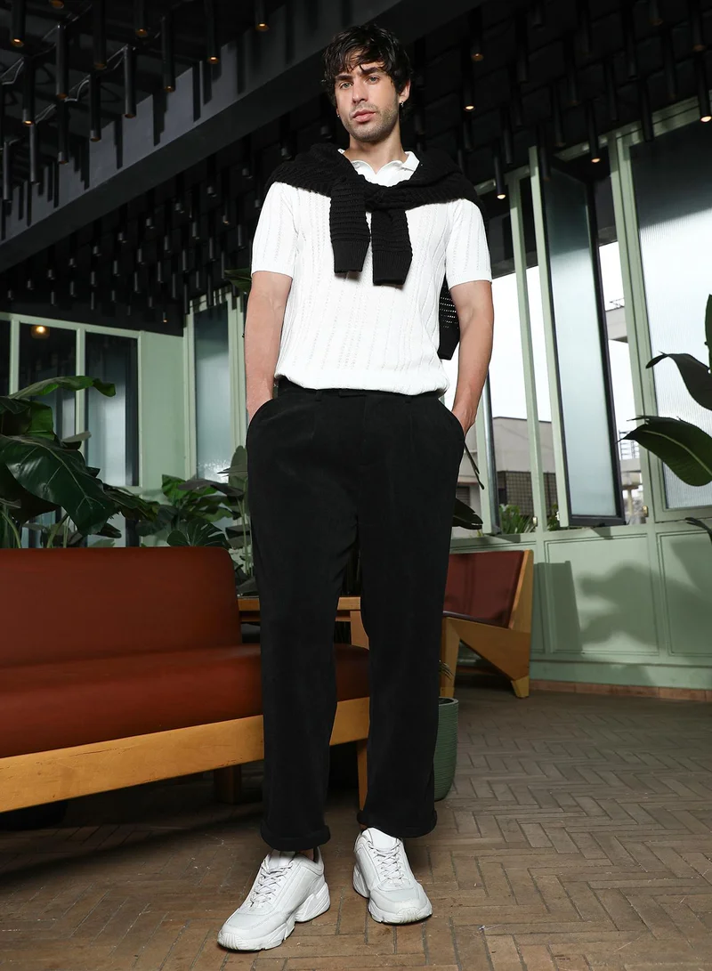 CAHOOT  Men Ribbed-Pleated Cuffed Trousers | Mid-Rise, Tailored-Fit | Button Closure, Cuffed-Straight Hem | Solid Ribbed | Woven Fabric For Casual & Daily Wear | Onyx Black for Men | Best Price UAE