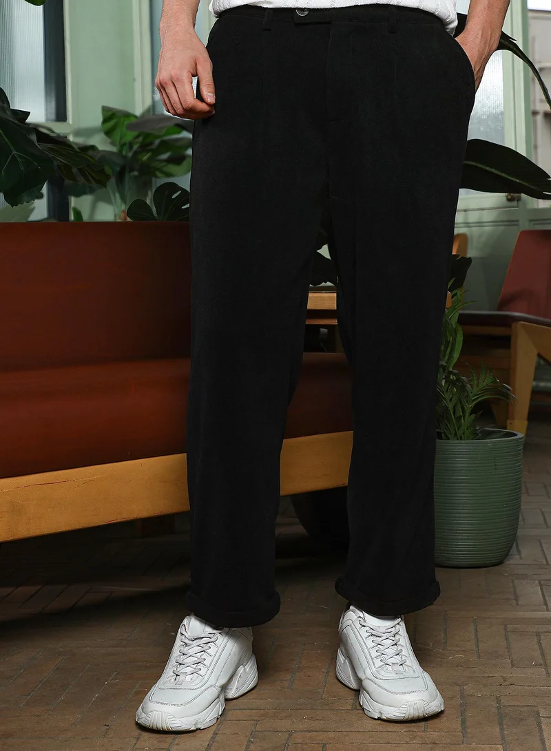 Campus Sutra Men Ribbed-Pleated Cuffed Trousers | Mid-Rise, Tailored-Fit | Button Closure, Cuffed-Straight Hem | Solid Ribbed | Woven Fabric For Casual & Daily Wear | Onyx Black