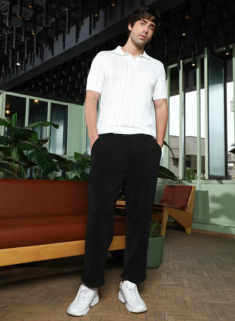 CAHOOT  Men Ribbed-Pleated Cuffed Trousers | Mid-Rise, Tailored-Fit | Button Closure, Cuffed-Straight Hem | Solid Ribbed | Woven Fabric For Casual & Daily Wear | Onyx Black for Men | Best Price UAE