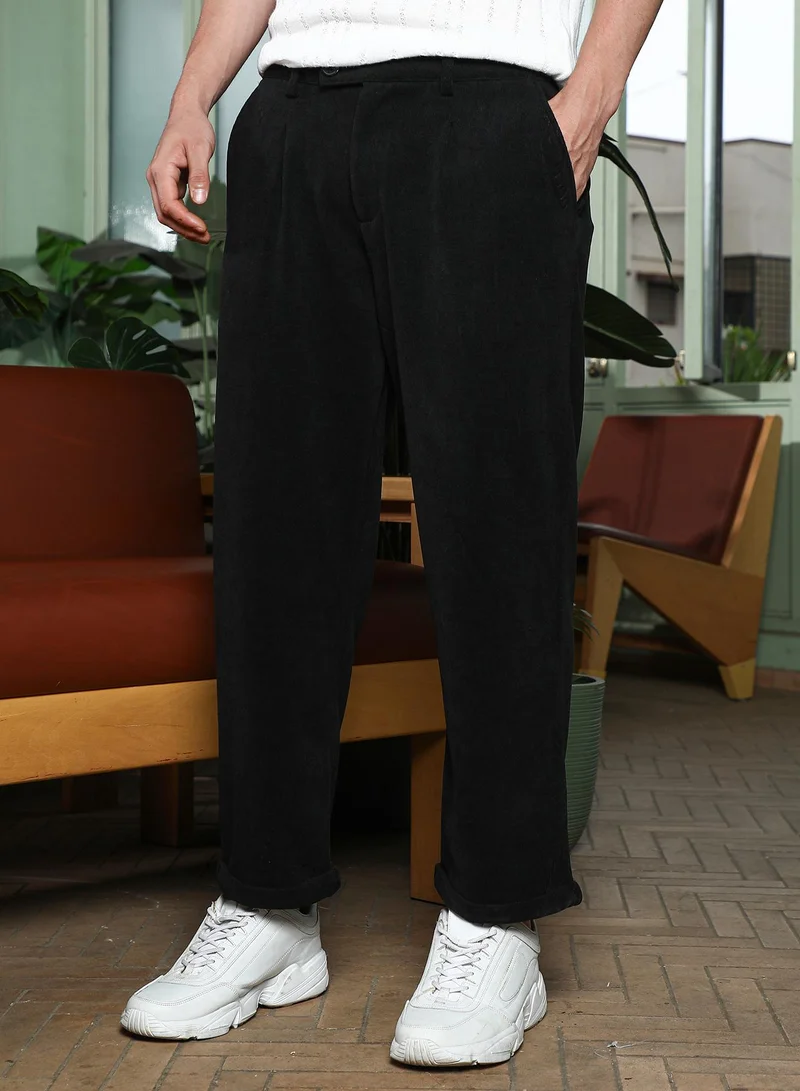 CAHOOT  Men Ribbed-Pleated Cuffed Trousers | Mid-Rise, Tailored-Fit | Button Closure, Cuffed-Straight Hem | Solid Ribbed | Woven Fabric For Casual & Daily Wear | Onyx Black for Men | Best Price UAE