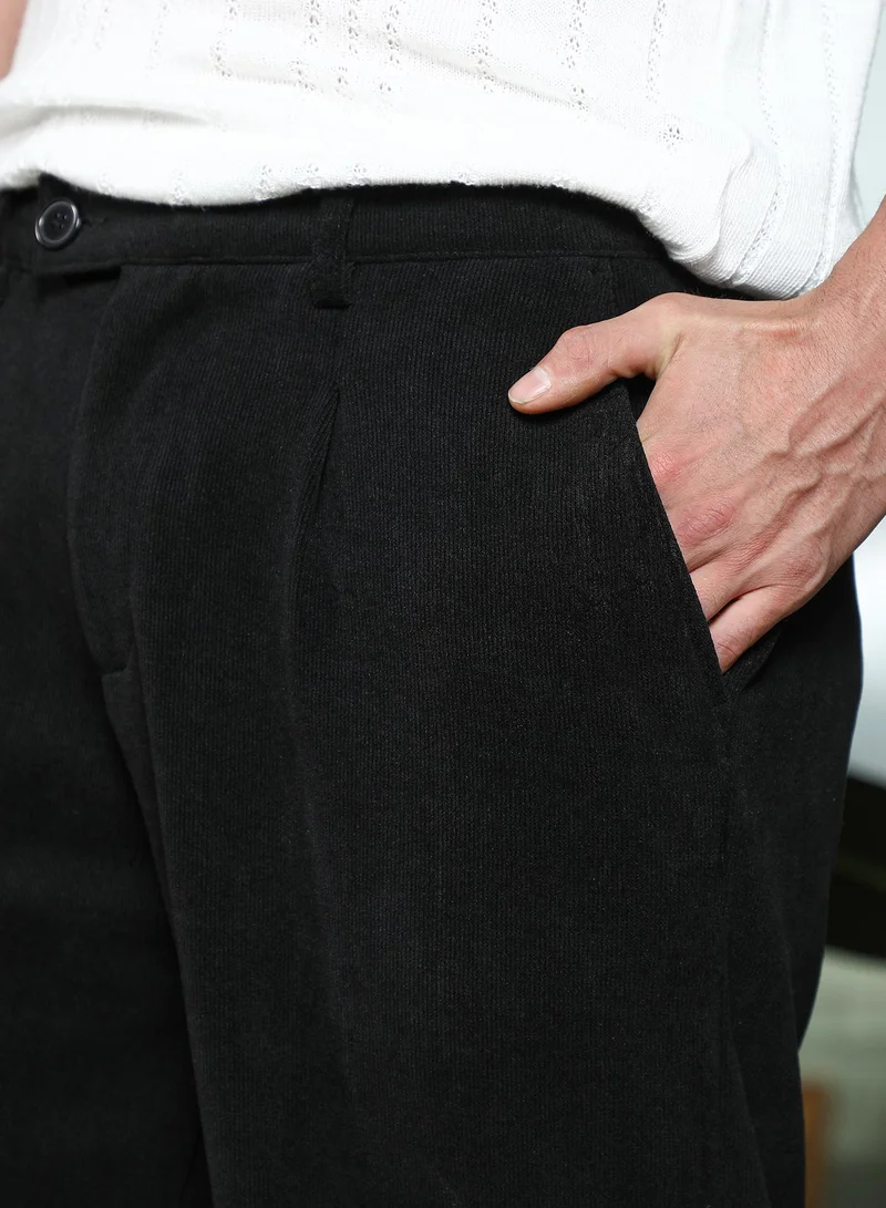 CAHOOT  Men Ribbed-Pleated Cuffed Trousers | Mid-Rise, Tailored-Fit | Button Closure, Cuffed-Straight Hem | Solid Ribbed | Woven Fabric For Casual & Daily Wear | Onyx Black for Men | Best Price UAE