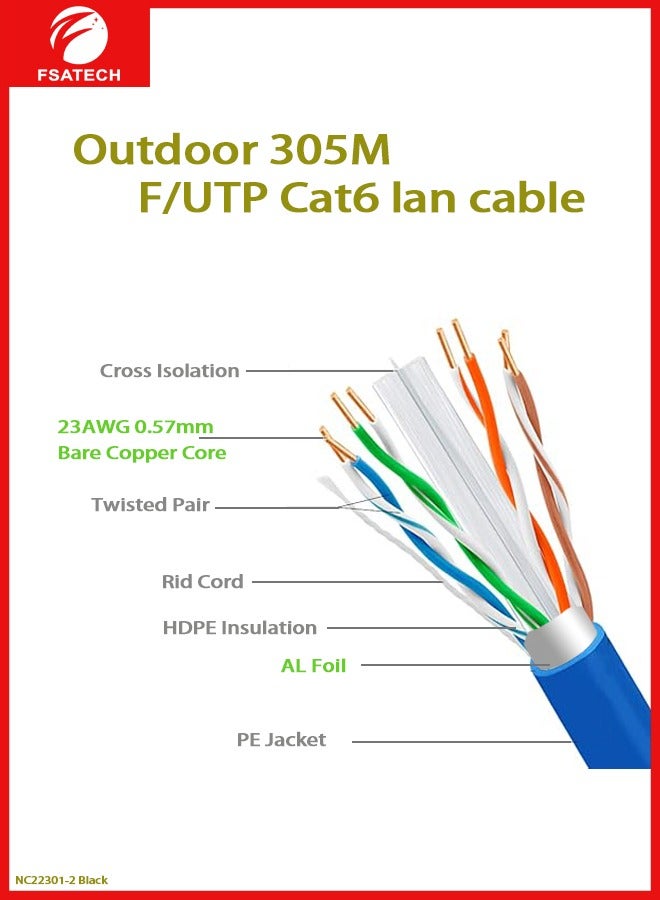 FSATECH FTP Cat6 كابل 23AWG خارجي نحاسي كامل 305 متر مقاوم للماء والأشعة فوق البنفسجية - Image 2