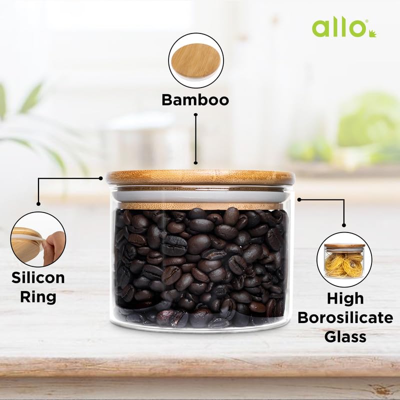 Allo 300ML Kitchen Storage Box Glass Jars With Wooden Lids - Borosilicate Glass Food Storage Containers Airtight Glass Jar for Tea, Coffee, Spice, Pulses, Masala (Round Glass Jar - Set of 1) - Image 2