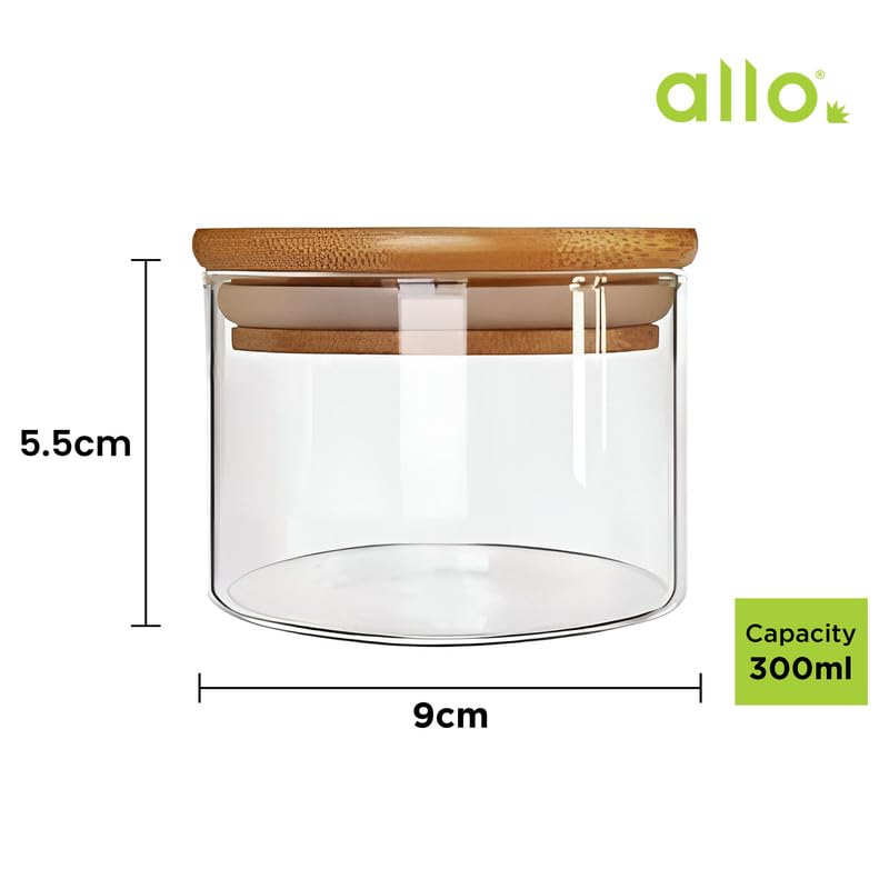 Allo 300ML Kitchen Storage Box Glass Jars With Wooden Lids - Borosilicate Glass Food Storage Containers Airtight Glass Jar for Tea, Coffee, Spice, Pulses, Masala (Round Glass Jar - Set of 1) - Image 3