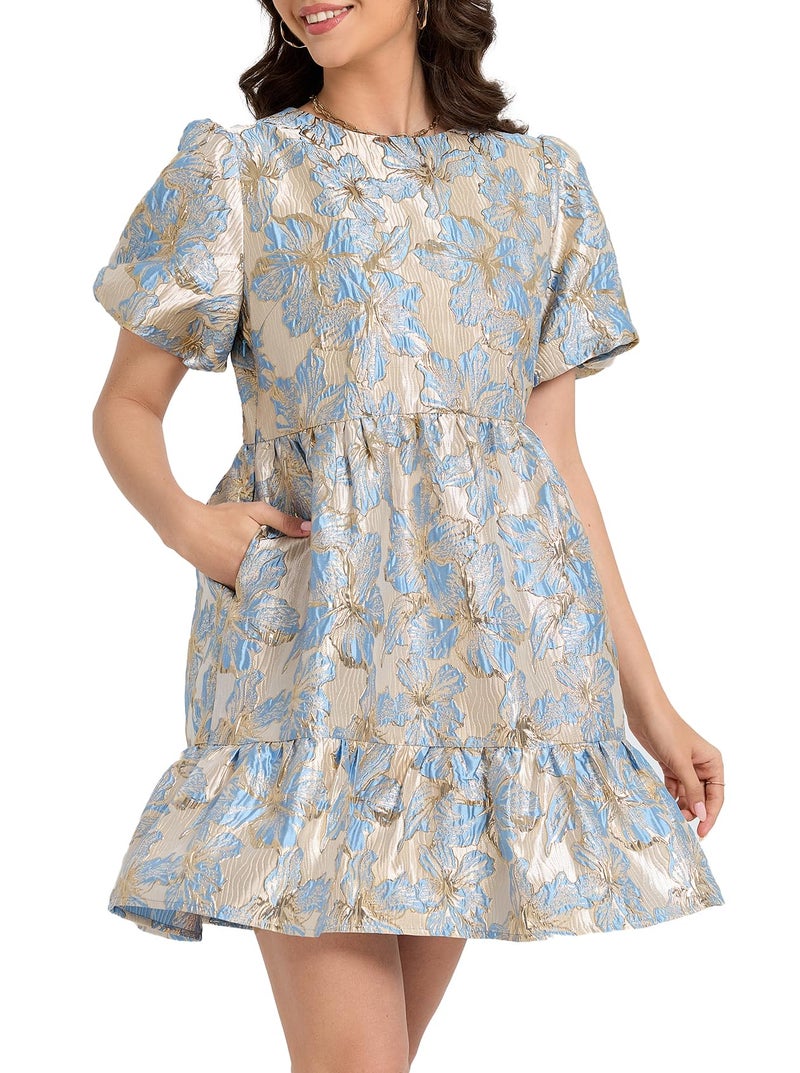 Ladyful Women's Floral Jacquard Mini Dress Short Puff Sleeve Tiered Babydoll A-Line Dress Elegant Shiny Party Outfits Blue - Image 1
