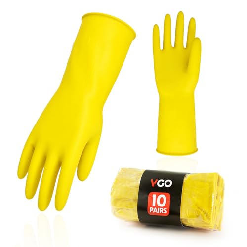 VGO قفازات منزلية قابلة لإعادة الاستخدام من Vgo... 10 أزواج، قفازات غسيل صحون مطاطية، سمك إضافي، أكمام طويلة، تنظيف المطبخ، العمل، الطلاء، البستنة، رعاية الحيوانات الأليفة (المقاس S، أصفر، HH4601) - Image 1