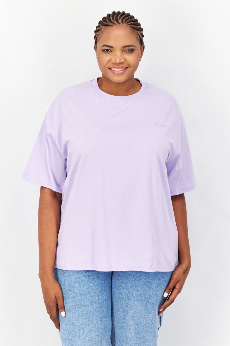 NA-KD Women Crew Neck Short Sleeves Embroidered Logo T-shirt, Lavender - Image 1