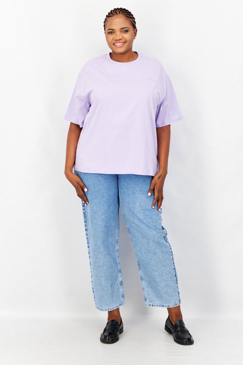 NA-KD Women Crew Neck Short Sleeves Embroidered Logo T-shirt, Lavender - Image 3