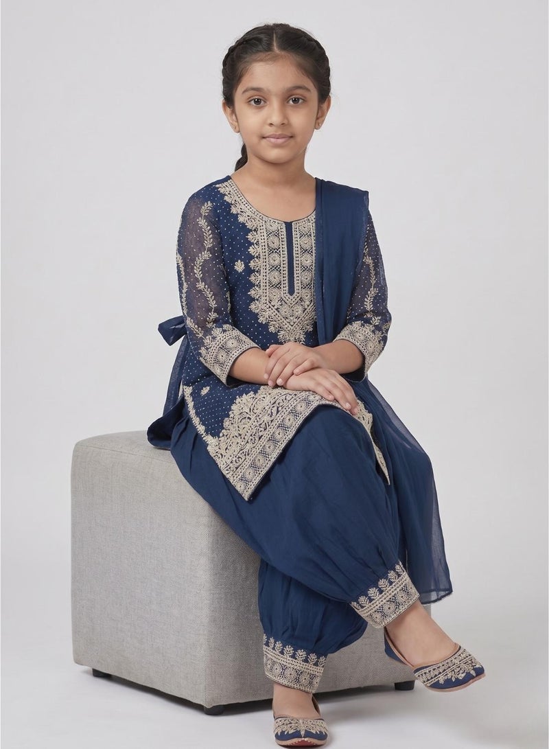 babyqlo Girls Navy Embroidered Kurta Palazzo Set - Image 4