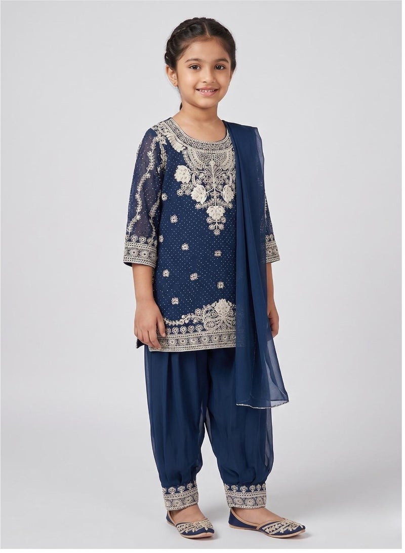 babyqlo Girls Navy Embroidered Kurta Palazzo Set - Image 1