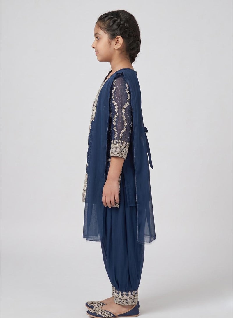 babyqlo Girls Navy Embroidered Kurta Palazzo Set - Image 3