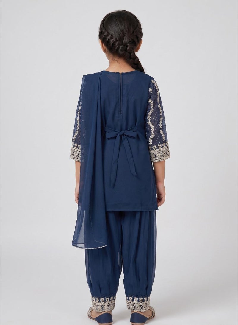 babyqlo Girls Navy Embroidered Kurta Palazzo Set - Image 2