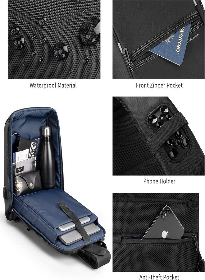 Kingsons Laptop Sling Backpack Anti Theft Bag,Hiking Daypack 13 Inch Waterproof Nylon Travel Bags for Men, Single Shoulder Camping Dayback with USB Charging Port for Traveling - Image 5