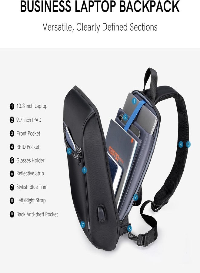 Kingsons Laptop Sling Backpack Anti Theft Bag,Hiking Daypack 13 Inch Waterproof Nylon Travel Bags for Men, Single Shoulder Camping Dayback with USB Charging Port for Traveling - Image 4