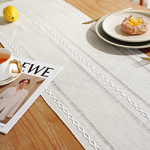 Chassic Rustic Farmhouse Style Linen Table Runner, Boho Handmade Tassel Embroidered Table Runners 48 Inches Long for Holiday Party, Wedding and Dining Decorations, 13 inchW X 48 inchL - Ivory - Image 4