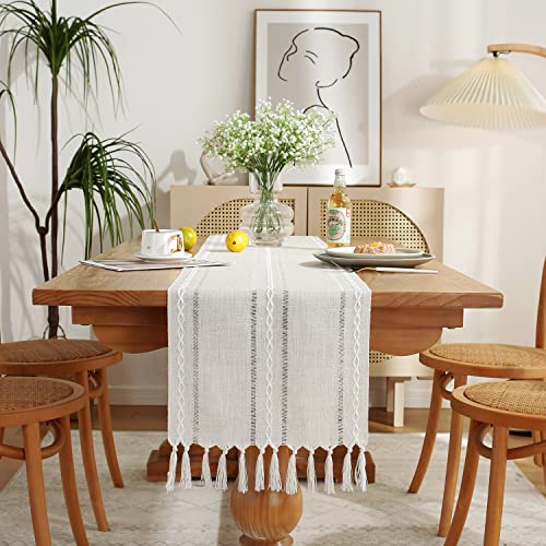 Chassic Rustic Farmhouse Style Linen Table Runner, Boho Handmade Tassel Embroidered Table Runners 48 Inches Long for Holiday Party, Wedding and Dining Decorations, 13 inchW X 48 inchL - Ivory - Image 1