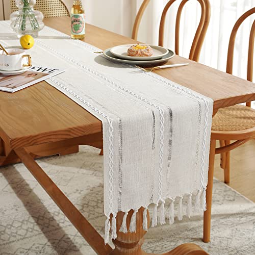 Chassic Rustic Farmhouse Style Linen Table Runner, Boho Handmade Tassel Embroidered Table Runners 48 Inches Long for Holiday Party, Wedding and Dining Decorations, 13 inchW X 48 inchL - Ivory - Image 2