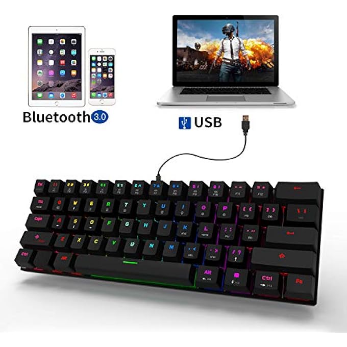 rayihni 60% DUAL-MODE BT5.0/TYPE-C MECHANICAL KEYBOARD, 61 KEYS BLUETOOTH MECHANICAL KEYBOARD,GAMING/OFFICE KEYBOARD FOR PC/MAC GAMER (BLUE SWITCH, BLACK) - Image 2