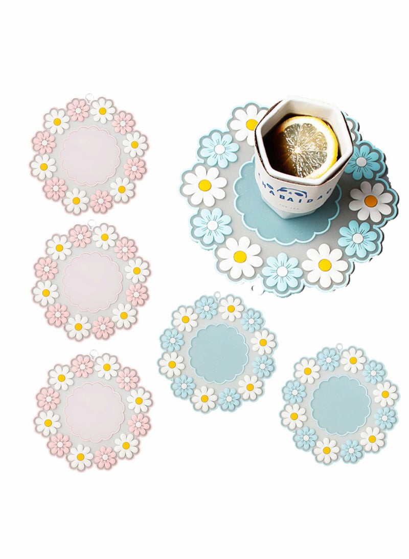 وسادة عزل سيليكون دايزي، 8 بوصات، حصائر أكواب سيليكون مضادة للانزلاق بحدود وثقب للتعليق، مجموعة 6 قطع لتزيين الطاولة لأكواب الشاي والقهوة في الهواء الطلق - Image 1